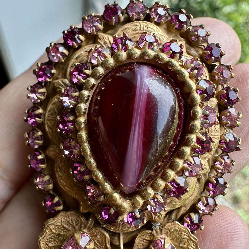 VTG Original By Robert Pendant Brooch 2 Inch Cat Eye Glass Cab Purple Rhinestone - Picture 3 of 13